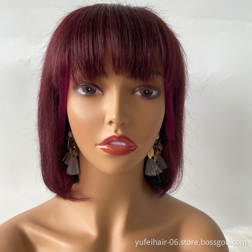 Hot sale 99j natural Color HD Lace Silky Straight Raw Indian Human Hair Lace Frontal Wigs With Bang